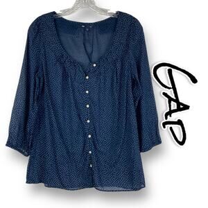 Gap Navy Blue Dot Peasant Blouse Pleated Coquette Womens Size Medium